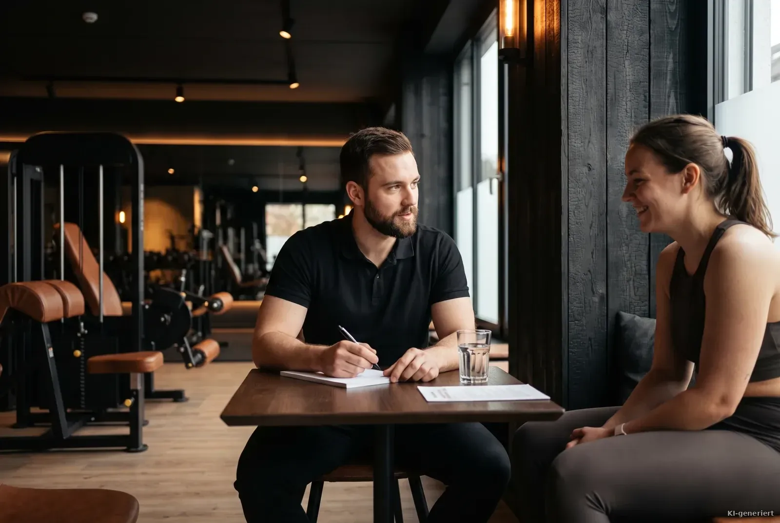 Beratungsgespräch zwischen Trainer und Interessentin im Studio